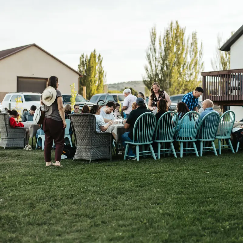 Guests gathered around the dinner table on the lawn beside the house