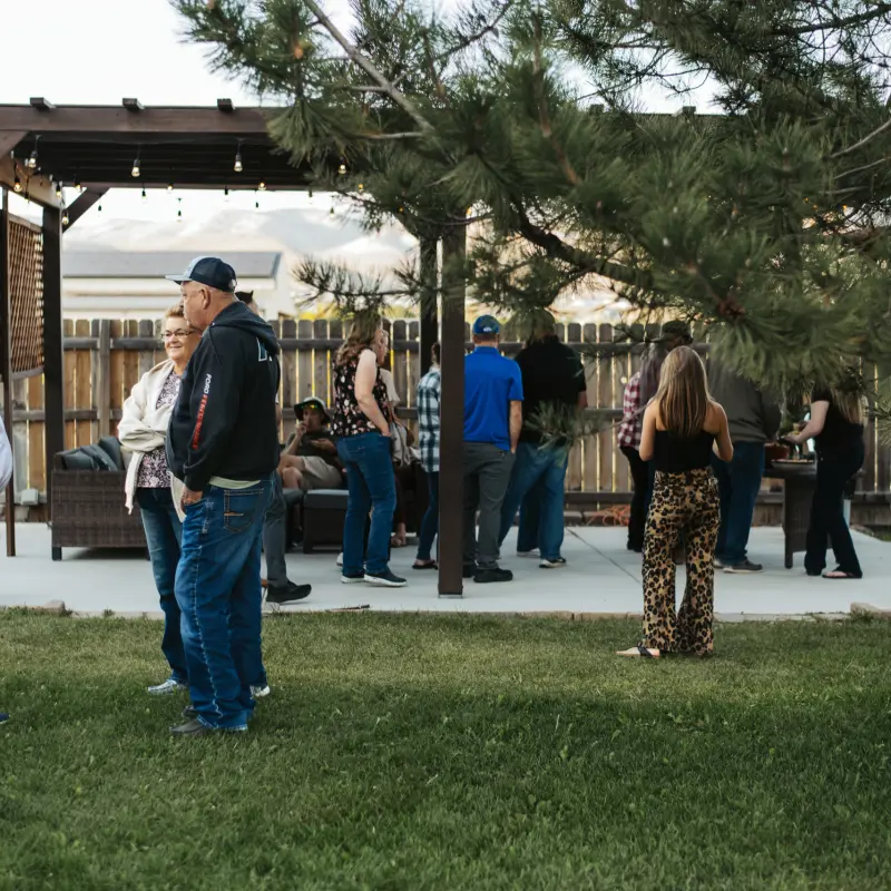 Guests arriving and mingling on the lawn by the pergola before dinner