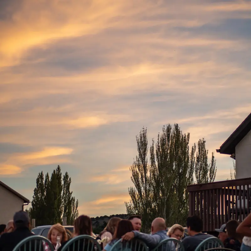 A streaked sunset sky above guests at the dinner table
