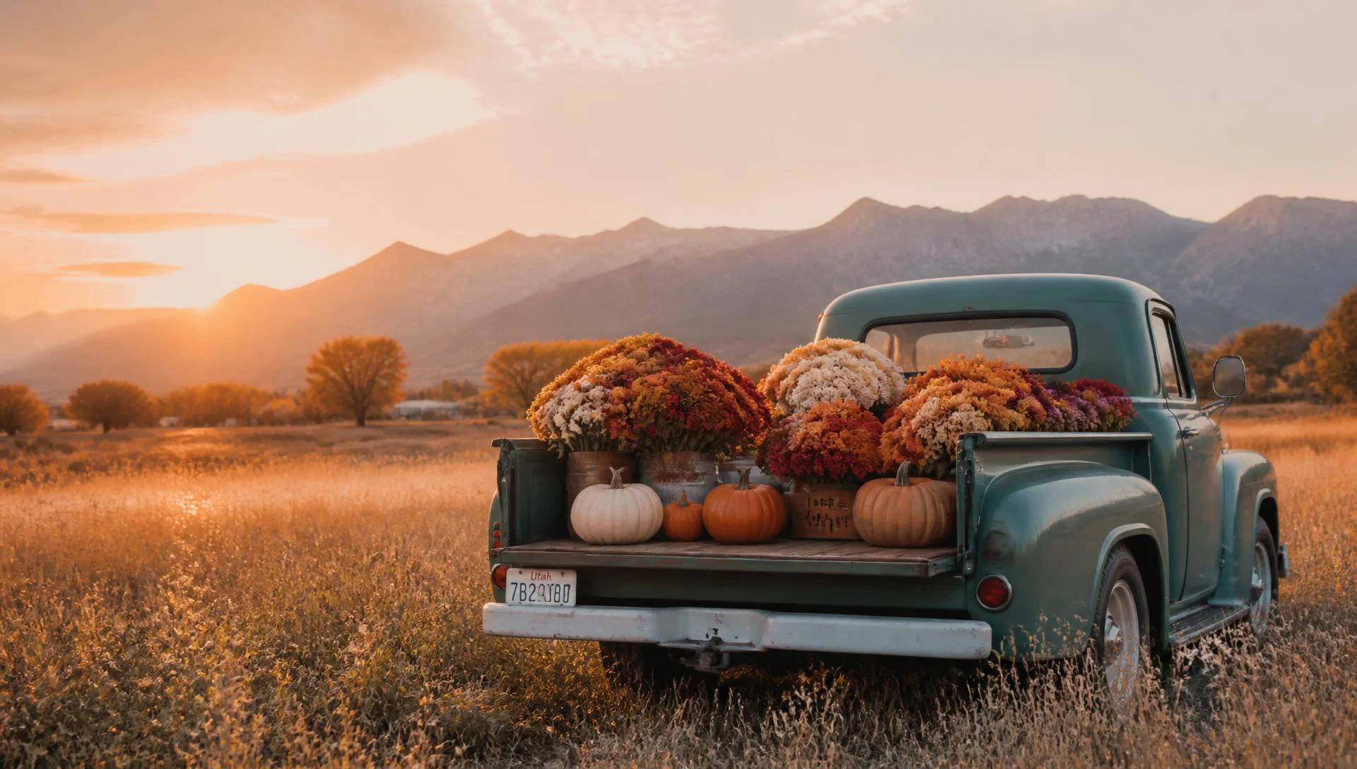 A vintage pickup truck full of autumn flowers and pumpkins in a Utah meadow at sunset